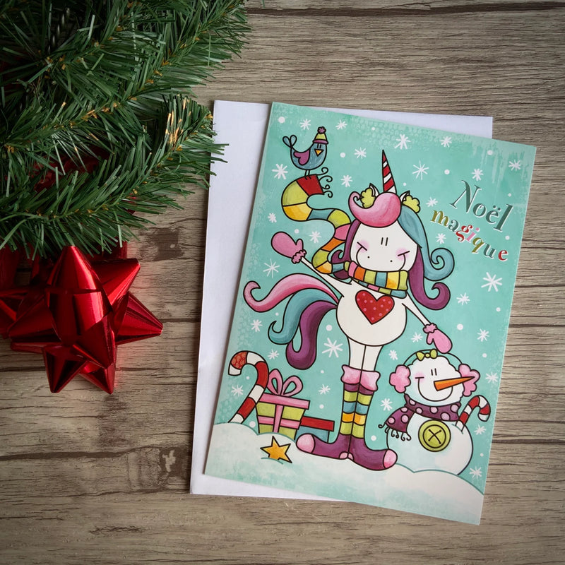 Carte licorne Noël magique