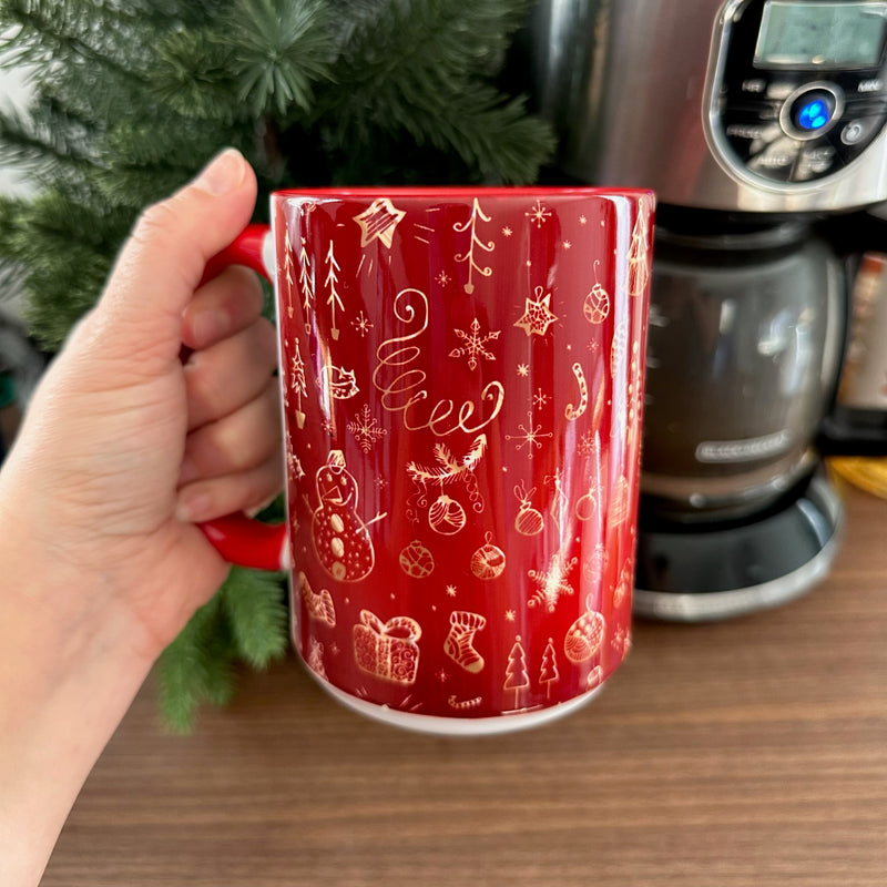 Tasse 15 oz rouge et or festif