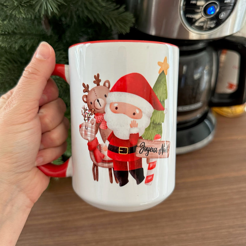 Tasse 15 oz Joyeux Noël, père Noël, renne et sapin