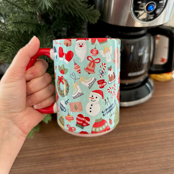 Tasse 15 oz Bonhomme de neige festif turquoise