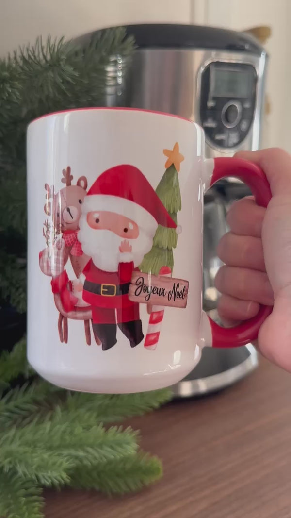 Tasse 15 oz Joyeux Noël, père Noël, renne et sapin