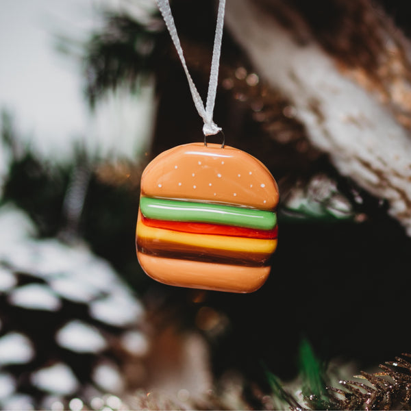 Burger garni en verre fusion décoratif à thématique BBQ pour suspendre dans l'arbre de Noel